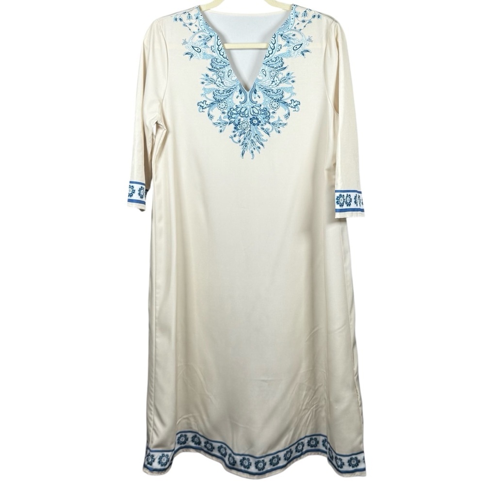 SHEIN Stylish V-neck Quarter Sleeves Cream Casual All-Season Midi‎ Shift Dress